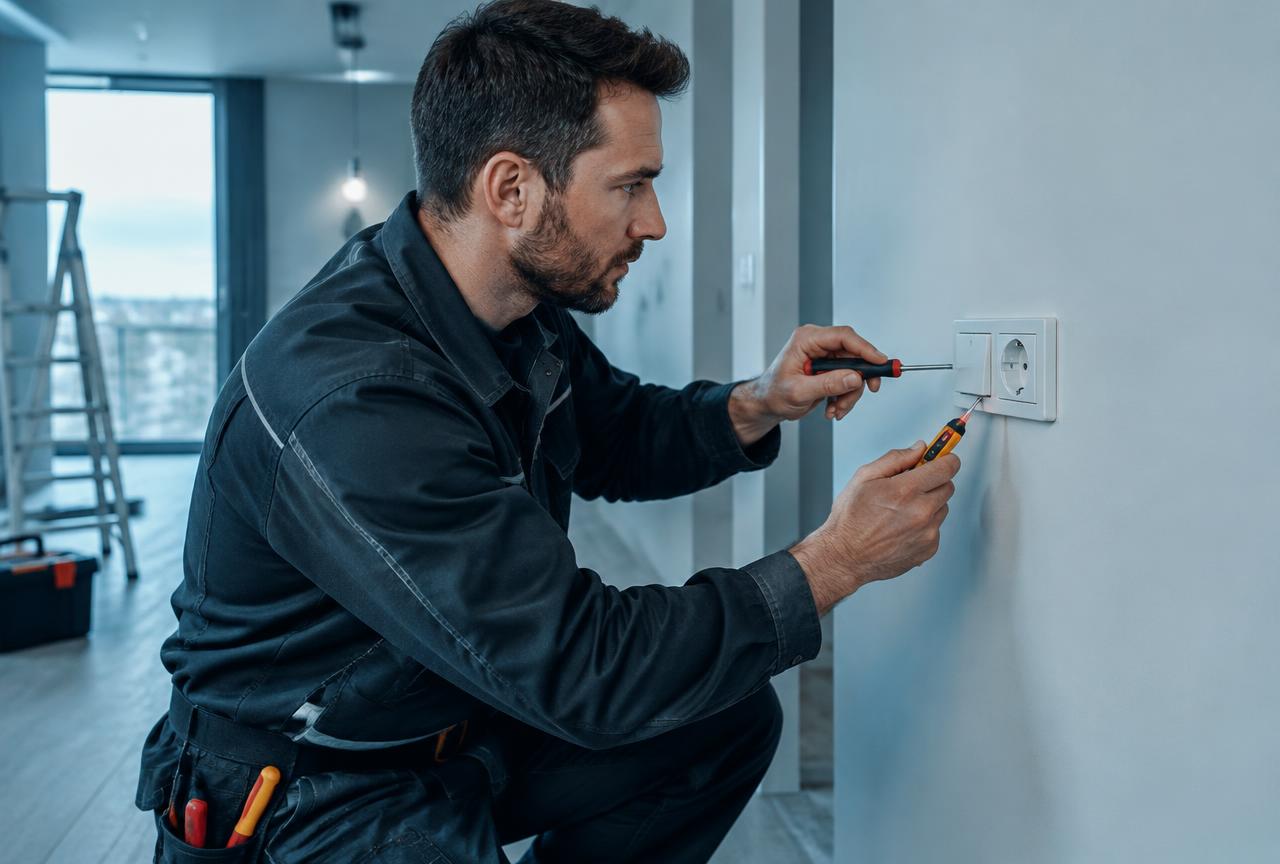 Elektricien installeert een stopcontact in een gerenoveerde woning
