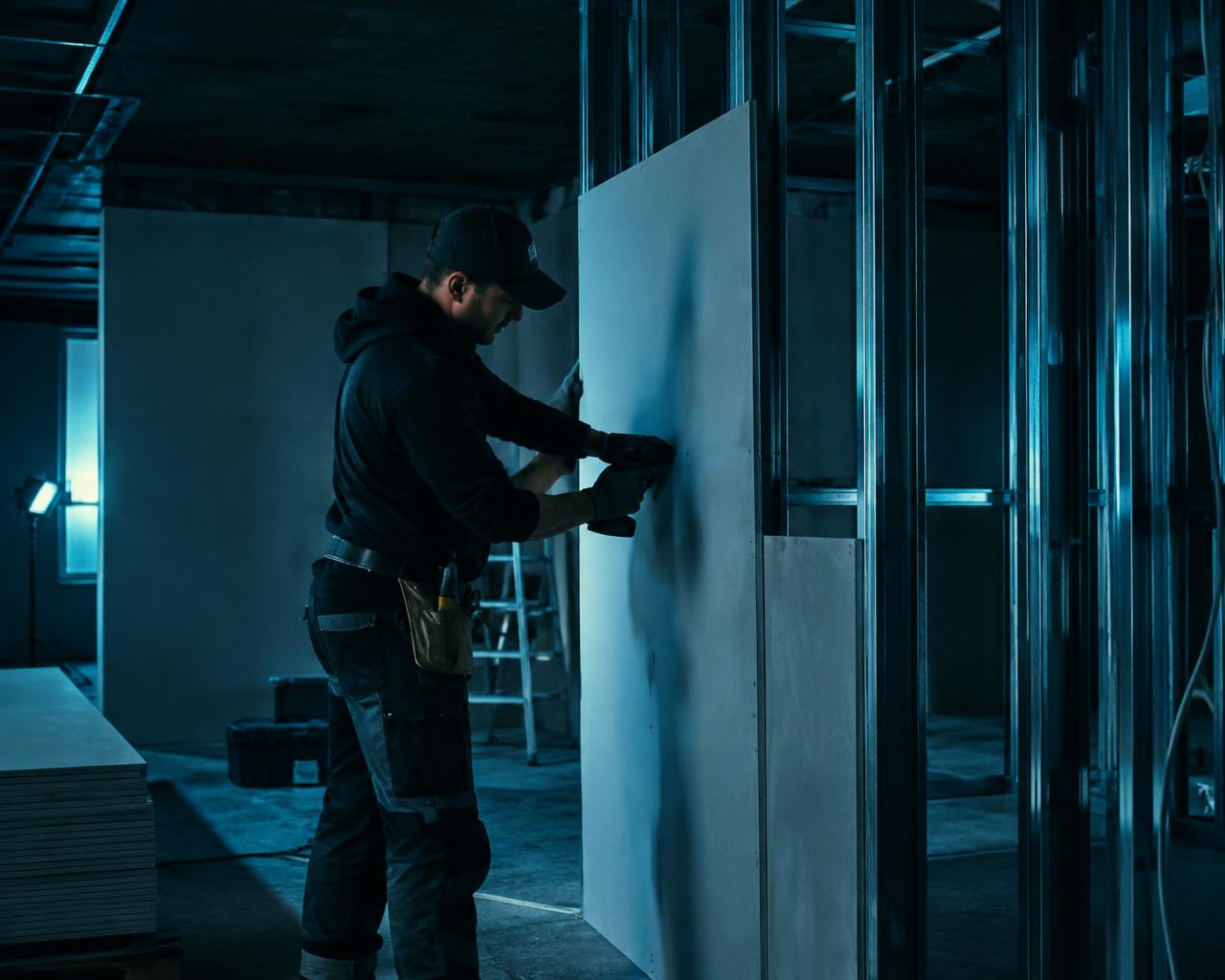 Vakman monteert gipsplaten op een metalen structuur